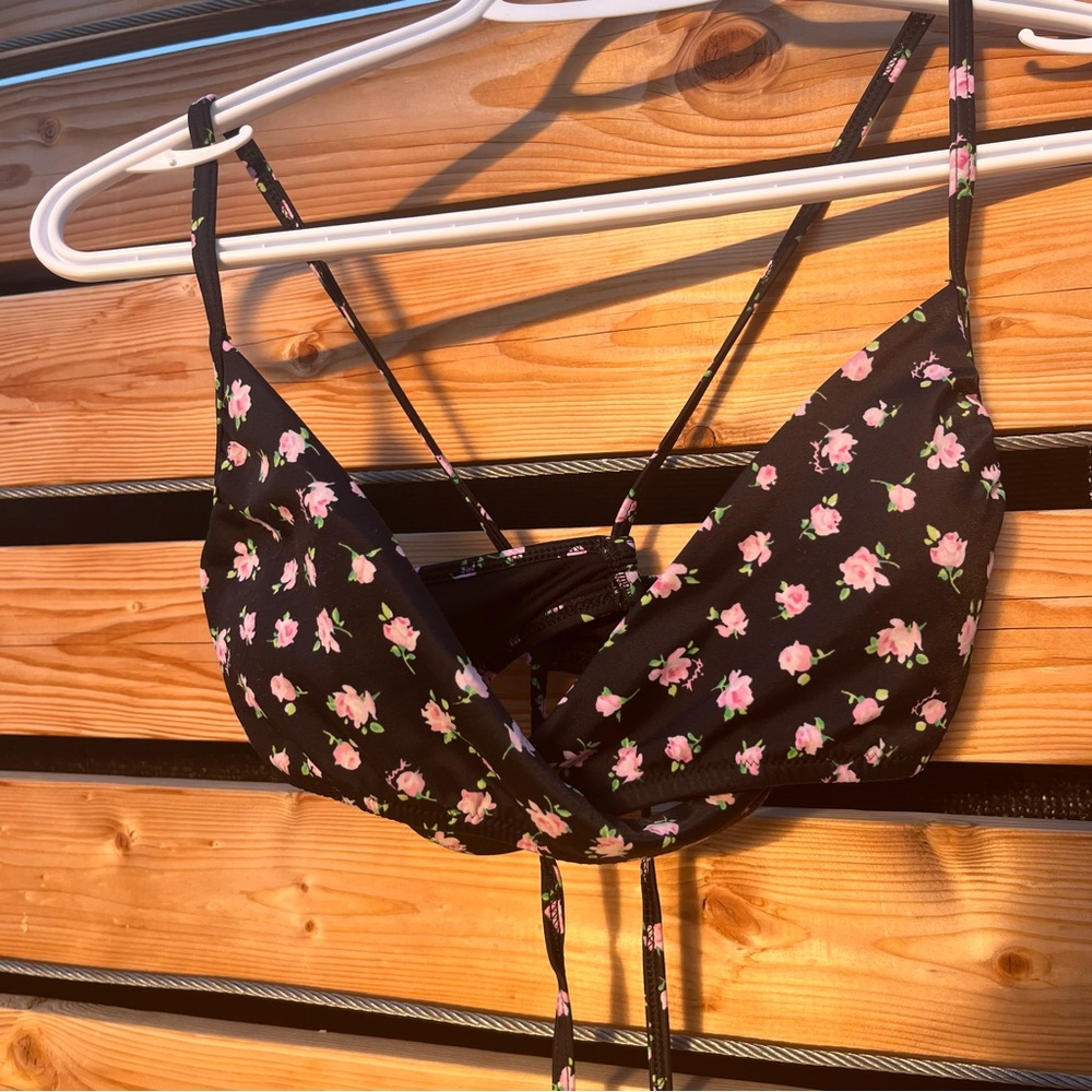 PINK Victoria's Secret Black Bikini Top with Pink Floral Design